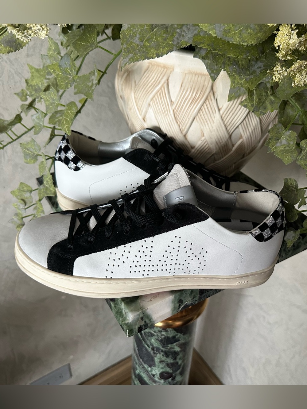 P448 White and Black Low-Top Sneaker with Silver Accents